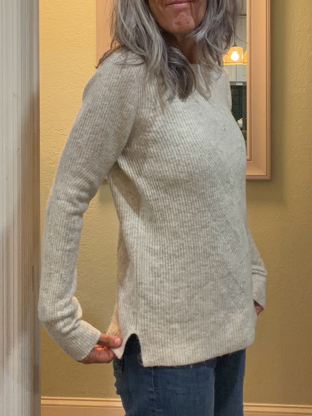 LOFT Cream Crewneck Sweater with Subtle Chevron Stitch